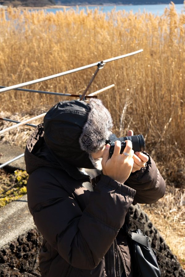 Martin Duque shooting with a camera beside a field of golden reeds